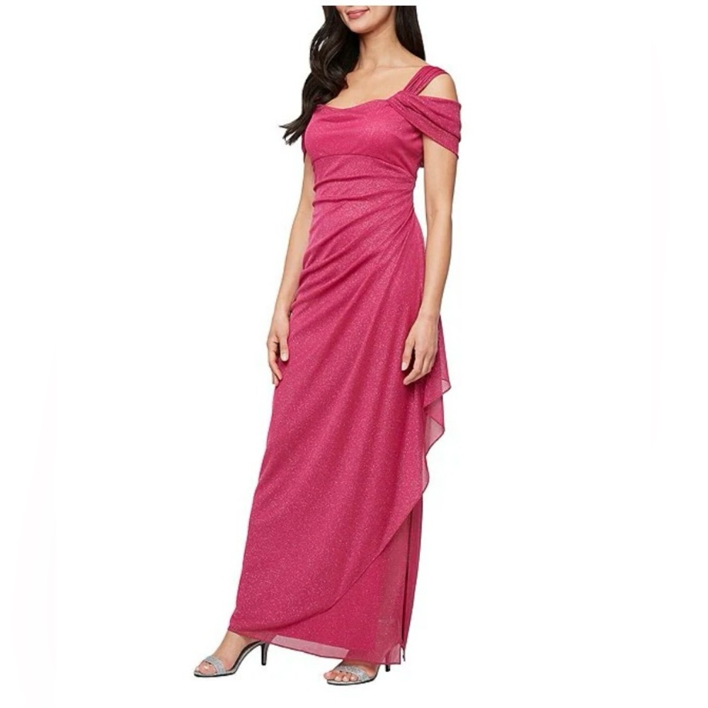 Alex Evenings Sparkle Fuchsia Pink One-Shoulder Draped Maxi Gown